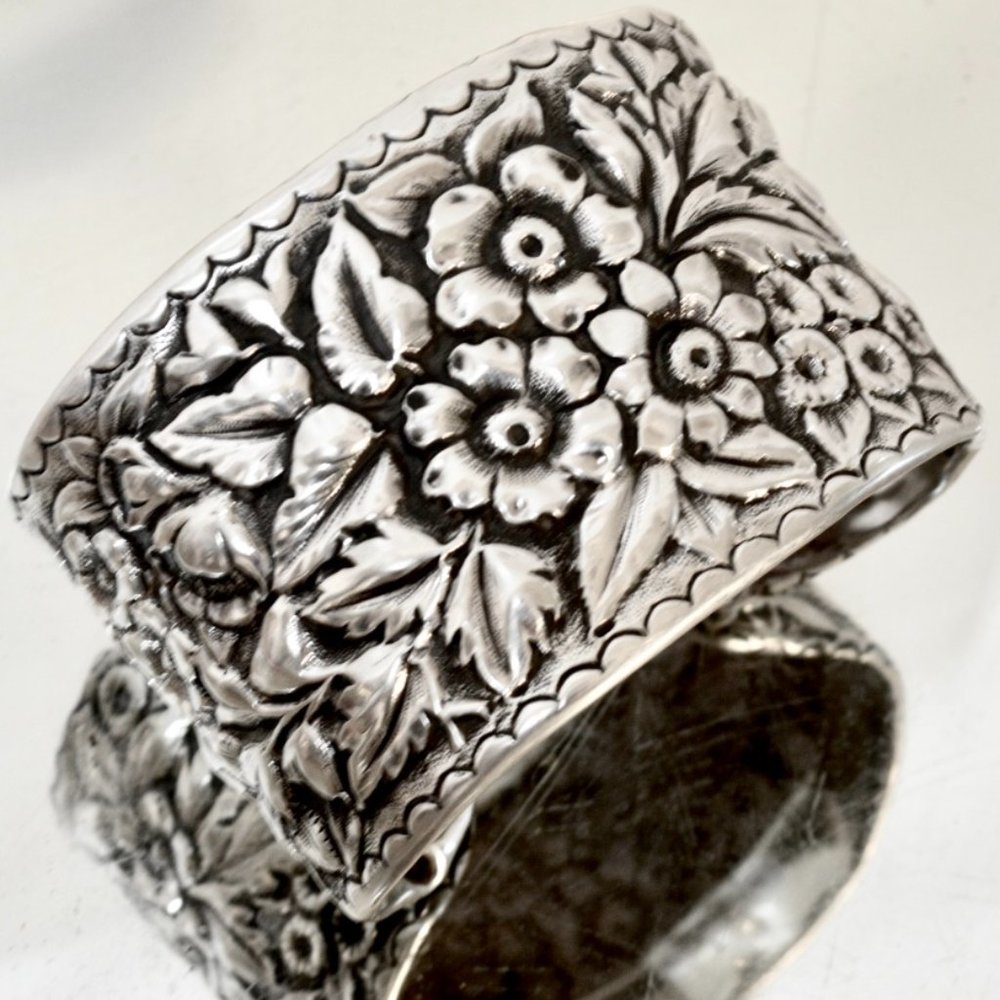 Art Nouveau Sterling Silver Floral Cuff Bracelet - Picture 7 of 12